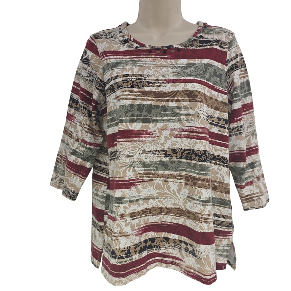 Alfred Dunner Shirt Women M Green Stripe Studded 3/4 Sleeve Tunic Top Preppy Mom - Picture 2 of 10